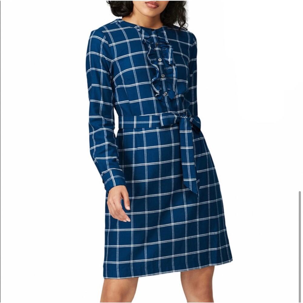 Belted Shirt Dress Long Sleeve Teal Plaid Windowpane Ruffle Draper James size 6